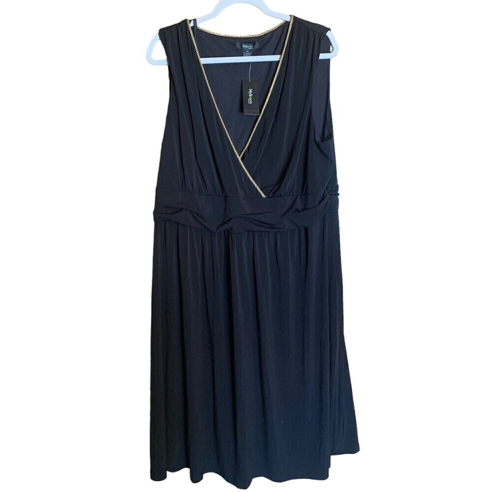 Style & Co Womens Plus Size 3X Black Gold Trim Surplice Stretch A-Line Dress